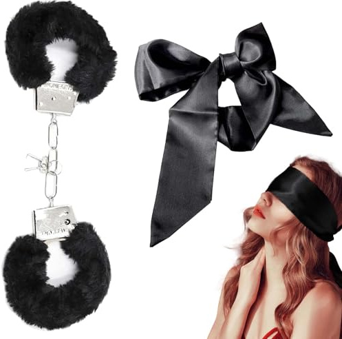 Metal Handcuffs with 2 Keys, Fluffy Satin Handcuffs & Eye Mask Set for Women, Cosplay, Dress-Up Parties, Valentine's Gift (Black)