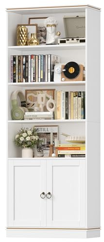 HOCSOK 188 cm Hoch Bücherregal, Standregal Regal mit 7 Ebenen, Bücherschrank mit Natürliche Holzmaserung, Aufbewahrungsregal für Arbeitszimmer, Büro, Wohnzimmer, 188×60×30 cm, Weiß