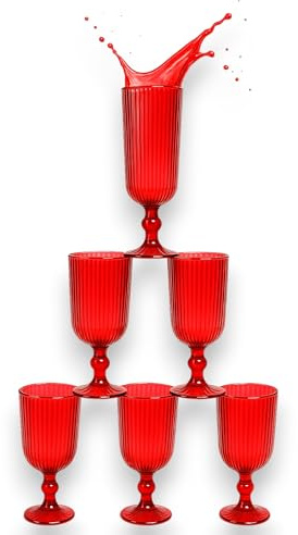 KORAT Set 6 Bicchieri Natalizi Rigati in Vetro Calici, Flute Design Elegante Rosso/Oro Per Vino, Prosecco e Decorazioni Natalizie per Tavola Natale e Festività (Flute - Rigato Rosso - 160 ML)