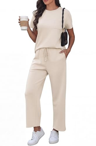 GRECERELLE Flygplats tvådelat resekläder set för kvinnor sommar kortärmad vardaglig rund hals träningsoverall kvinnor komplett set mössa ärm toppar och joggingbyxor med fickor