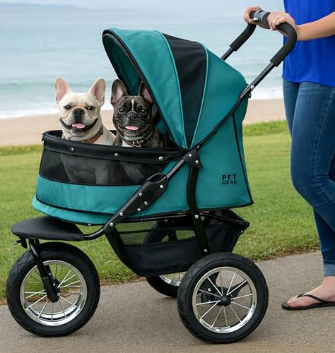 Pet Gear Doppel-Kinderwagen für Haustiere ohne Reißverschluss, Einstieg ohne Reißverschluss, für einzelne oder mehrere Hunde und Katzen, Plüsch-Pad + Wetterabdeckung inklusive, große Reifen