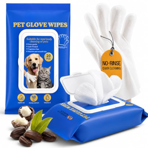 SMTEK Dog & Cat Grooming Glove Wipes (20 PCS), No-Rinse Pet Cleaning Gloves for Full Body, Face, Eyes, Ears, Paws & Bum, Thickened Sensitive Puppy Wipes, Fragrance Free, Travel Friendly
