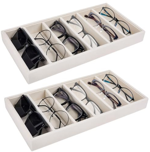 CREATCABIN 2 Stück Samt Sonnenbrillen Organizer Tablett Mit 6 Fächern Schublade Stapelbare Aufbewahrungsbox Für Brillen Schmuck Und Uhren Für Damen Und Herren Beige 35.5x18.5x3.5cm
