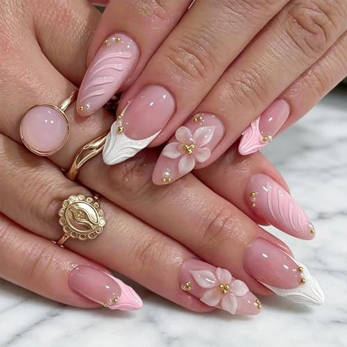 RIIRCSGE 24 pièces 3D faux ongles en amande moyen, rose French tip ongles pressés avec perles dorées et fleurs, gel faux ongles réutilisables set, nail art pour manucure des femmes