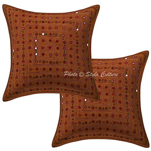 Stylo Culture Indio Fundas Almohadones Decorativa 40x40 cm Algodón Geométrico Fundas De Cojines Silla Marrón 16x16 Inch Encaje De Espejo Bordado Cuadrado sobre Fundas para Cojines Cama - 2 Pcs