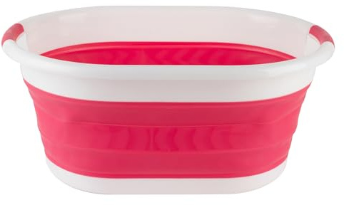 Beldray LA034816R Stark oval hopvikbar tvättkorg med hållbara plasthandtag, vikbar tvättkorg i silikon, röd, kapacitet 37 liter, plast, 62 x 44 x 8,3 cm