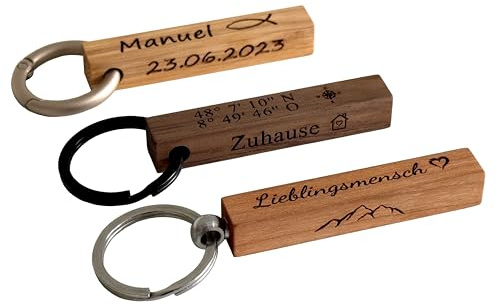 STREIFHOLZ Schlüsselanhänger aus Holz personalisiert, Anhänger mit Schlüsselring oder Lederband und Gravur, viele Motive und Holzarten zur Auswahl