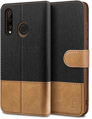BEZ Handyhülle für Huawei P30 Lite Hülle, Tasche Kompatibel für Huawei P30 Lite, Schutzhüllen aus Klappetui mit Kreditkartenhaltern, Ständer, Magnetverschluss, Schwarz