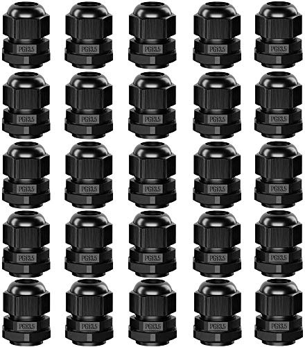 QitinDasen 25Pcs Premium Nylon PG13.5 Kabelverschraubung, 6～12mm Verstellbare IP68 Wasserdichte Kabelverschraubungen Gelenke, Wasserdichte Kabelsteckverbinder mit Dichtungen (Schwarz)