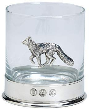 Farm Cottage Brands Lead Free pewterware Mounted 12oz Whisky Glass with a Running Fox Emblem in a Presentation Box of 1 or 2 Glasses (1)