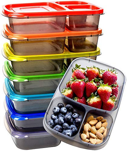 Youngever 7er Pack 3 Fach Meal Prep Boxen, Bento Lunchboxen, wiederverwendbarmeal prep boxen, 3 Fächer Lunch Box (Rainbow)