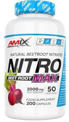 AMIX – Nitro Beet Root MaX- 200 Caps- Nitratos de remolacha -contribuye a mejorar el rendimiento físico- ideal para deportes de resistencia-con cápsulas vegetales Vcaps®