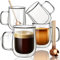 4x350ml Double Walled Glass Coffee Mugs with Handles - Glass Coffee and Tea Cups with Spoons for Hot Drinks, Cappuccino, Latte