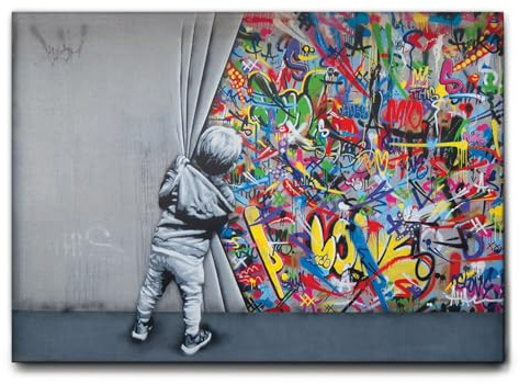 Giallobus - Gemälde - Banksy - Kind öffnet den Vorhang - Leinwand mit Standardrahmen - 100x70 - Bereit zum Aufhängen - Moderne Gemälde für zu Hause