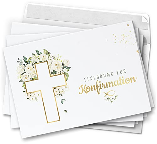 10 Einladungskarten Klappkarten Konfirmation mit Umschlägen Motiv Kreuz Blumen Einladung zur Feier Jungen Mädchen edel kirchlich