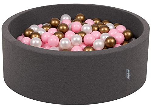 KiddyMoon Bällebad 90X30cm/200 Bälle ∅ 7Cm Bällepool Mit Bunten Bällen Für Babys Kinder Rund, Dunkelgrau:Rosa/Perle/Gold