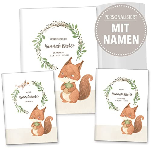 OLGS U-Hefthülle Komplett-Set 3-teilig personalisierbar Impfpasshülle & Reisepasshülle | Organizer für Untersuchungsheft, Impfpass, Reiseunterlagen für Babys und Kinder (Personalisiert, Eichhörnchen)