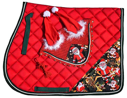Christmas Santa Claus Saddle pad & Matching Fly Bonnet Set Jumping Saddle pad Hand Made (Red, Pony)