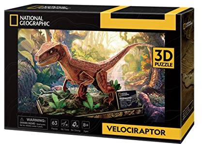 National Geographic - 3D Velociraptor Pussel | 3D-pussel för barn | National Geographic Dinosaur Puzzle | 3D-pussel modeller att montera | 63 stycken