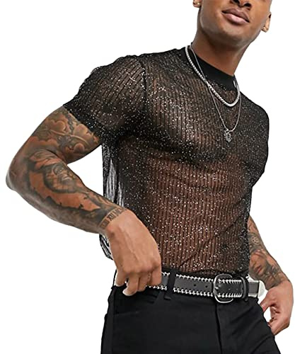 AIEOE Camicia a rete da uomo muscolare, maglietta a rete con glitter trasparente, T-shirt sexy a rete a maniche corte, abbigliamento da club, maglietta estiva a rete – XS-3XL, M