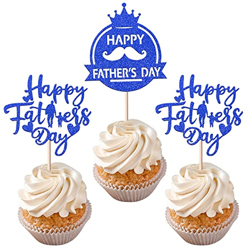 Pack of 24 Happy Father's Day Cupcake Toppers Best Dad Cake Decoration Super Dad Crown Moustache Cake Decorations for Happy Father's Day Party Men Birthday Party Cake Decoration Blue