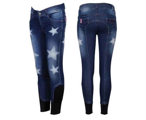 NETPROSHOP Kinder Jeans Reithose - Denim Stretch mit Sternmuster, Silikon Kniebesatz & elastischem Beinabschluss Gr. 104 oder 116