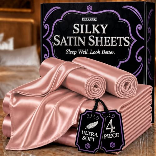 DECOLURE - Juego de ropa de cama sedosa de satén de lujo de 4 piezas, sin arrugas, con sábana bajera de 40 cm de profundidad, perfecto para cabello y piel, tamaño queen, regalos para mujer, color rosa