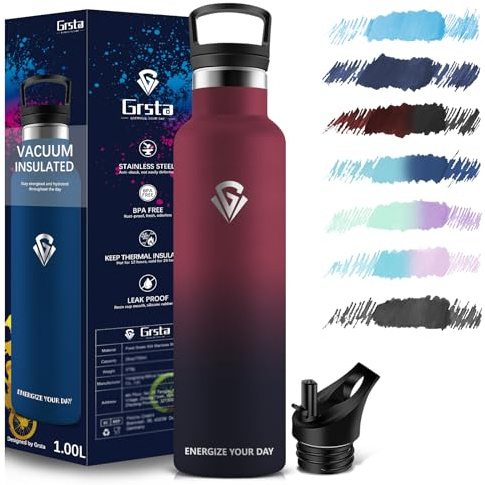 Grsta edelstahlthermosflasche, 1000 ml, BPA-frei, Fitness-Wasserflasche, für Erwachsene, Sport, Büro, Fitnessstudio, Schule