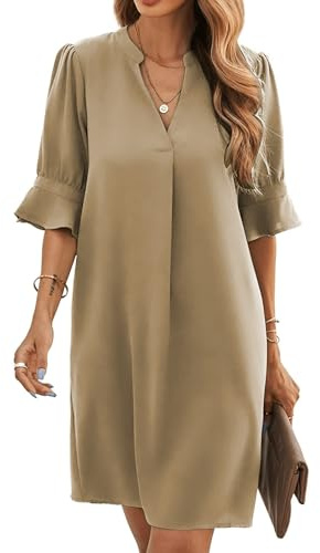 Famulily Women Summer Dresses 2024 Short Sleeve V Neck Flowy Mini Dress Boho Ruffle Dress Khaki XXL