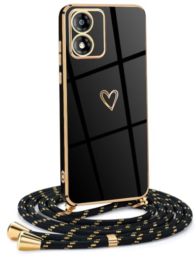 Mkej Funda para Motorola Moto E13 4G con Cuerda, TPU Suave Silicona diseño de corazón con Chapado en Oro de Lujo, Funda Motorola Moto E13 4G Cuerda para Mujeres y niñas