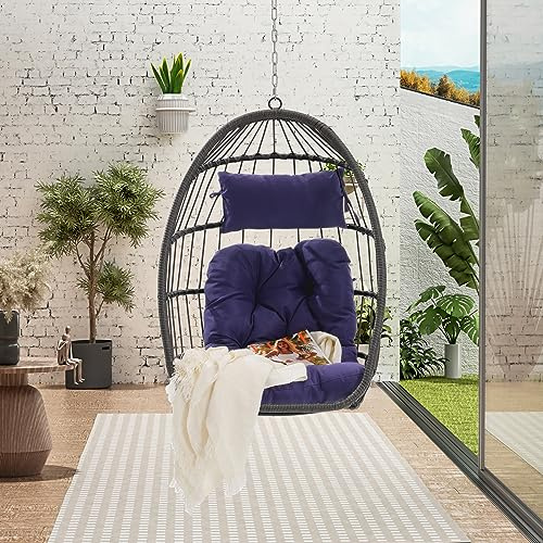 Finca ancha Rattan Egg Chair Hanging Lounger with Stand Indoor Outdoor - Swinging Chair, Indoor Hammock, Amacas para Patios para Adultos for Patio, Backyard, Living Room (Light Grey)