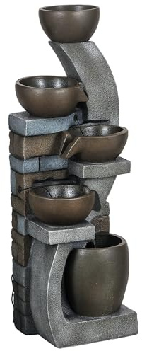 Outsunny Gartenbrunnen, Solar Springbrunnen, Zierbrunnen mit LED-Beleuchtung, 5 Stufen, Wasserbrunnen für Garten, Terrasse, Kunstharz, 37 x 35 x 107 cm