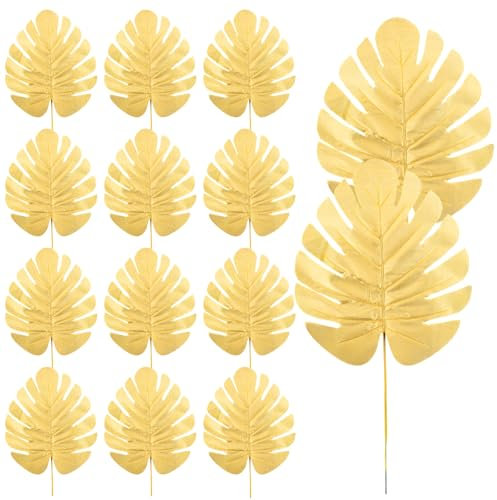 Styquenzer 12 hojas de palma decorativas doradas, hojas de palma artificiales, hojas de monstruo tropicales doradas, decoración realista para banquetes hawaianos
