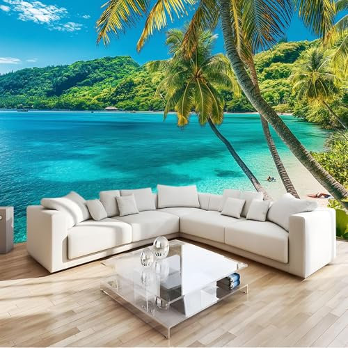 Carta da Parati Fotomurali Scenari Naturali Isole Acqua Di Mare Palme 3D Fotomurale Tessuto non Tessuto Poster Design Blu per Cucina Bambini Soggiorno Camera da Letto Murale Decorazione 300 x 210 cm