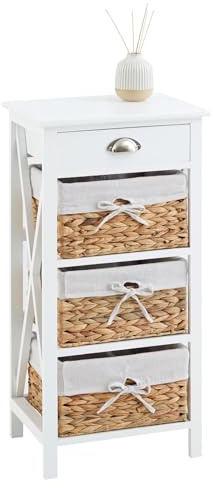 IDIMEX Table de Chevet NUSCO Table de Nuit en Bois lasuré Blanc avec 1 tiroir et 3 paniers en Fibre Naturelle et Insert en Tissu Blanc