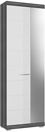 Inn.Furn Garderobenschrank in weiß Hochglanz und grau Rauchsilber Garderobe mit ausziehbarer Kleiderstange oder großer Schuhschrank mit Spiegel 62 x 197 cm Shawn