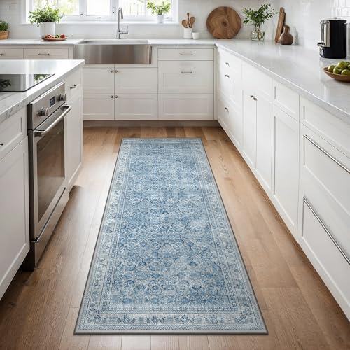 BEIMO Alfombra Salon Vintage, Alfombra Entrada 3 Metros, Alfombras Cocina Antideslizante Lavable, Alfombras Salon Pelo Corto para Dormitorio, Pasillo, Azul Marino, 80x300cm