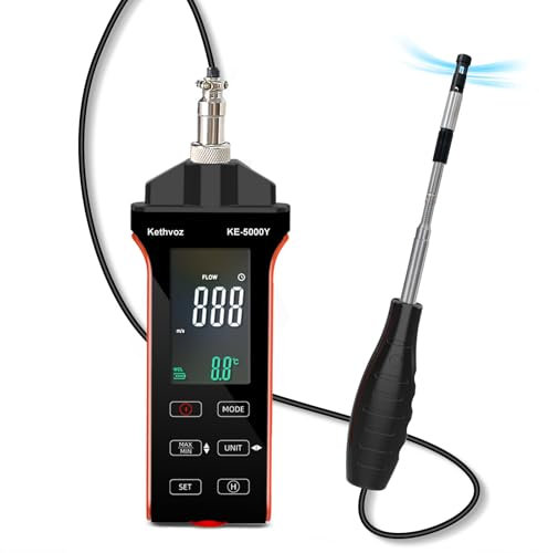 Digital Hot Wire Anemometer, Kethvoz HVAC Wind Speed Gauge Measure Air Velocity 0.1-30 m/s CFM/CMM Wind Flow 0-999900 ft3/minTemperature Humidity, Handheld Wind Tester with LCD Backlit KE-5000Y