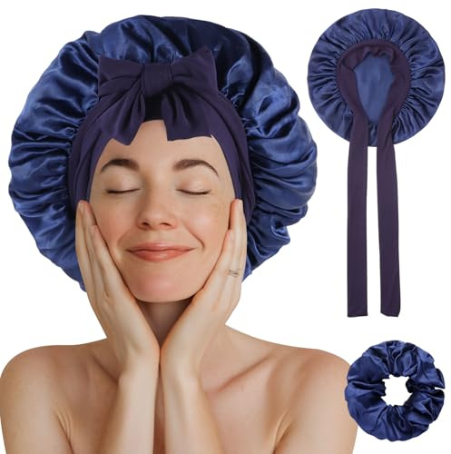 Inexorablex Cuffia Seta Capelli Ricci, Cuffia Capelli Ricci Notte, Berretto da Notte in Seta con Cinghie Regolabili, Berretto per Dormire in Raso Morbido e Confortevole (Marina 1Pcs)