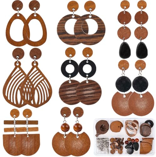 SUNNYCLUE 8 Paar Holzohrringe Für Damen Boho Ohrhänger Für Frauen Trendig 2025 trendige Geometrie Vintage Braune Halbflach Rund Tropfenform Holzschmuck Set Weihnachten Erwachsene Hochzeit Festival Ges