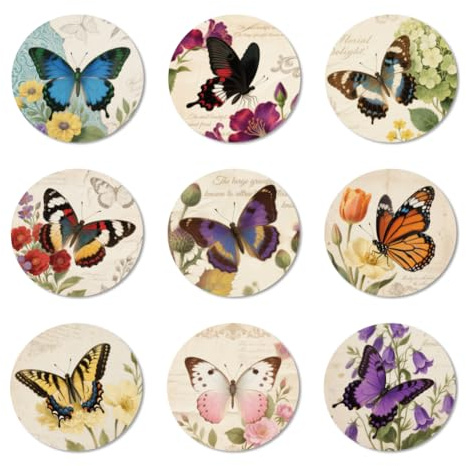 ANATTASOUL Floral and Butterfly Wood Coasters Set of 9 for Coffee Table | Home Decor,3.9 Round,Vintage,Colorful Wooden Cup Mat,Funny Desk Coasters,for Apartment,Office,Bar,Kitchen,Gifts