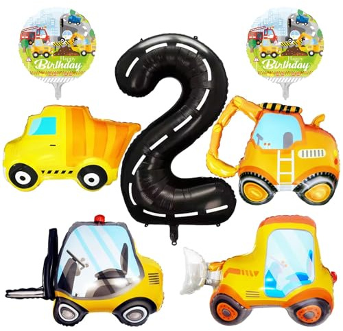 QINQINZIJIN 7 Stück Bagger Folienballon, Gabelstapler Luftballon, Bulldozer Ballon, Baustelle Luftballon 2. Geburtstag Junge, Bagger Geburtstagsdeko 2 Jahre, Baustelle Geburtstag Deko 2 Jahre