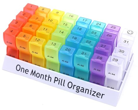 ETUCYNG Tablettenbox, 20,5 x 10,3 x 7 cm, Monatliche Pillendose, Organizer, 2 mal am Tag, Medikamentenbox mit 32 Fächern, leicht zu öffnen, Design für Kinder, ältere Menschen und -Hände