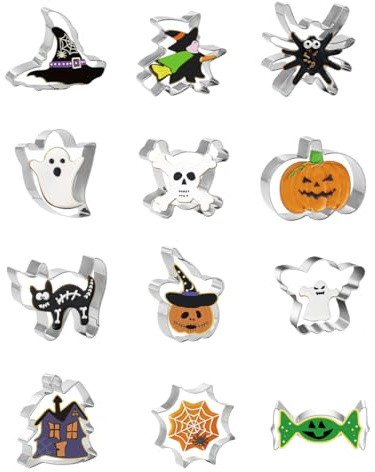 KEWUF Moldes Galletas Halloween 12 Piezas, Moldes de Galletas Halloween Acero Inoxidable - Calabaza, MurciéLago, Sombrero de Bruja, Gato, Fantasma