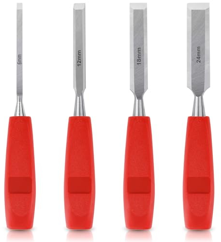 4 Stück Stechbeitel Set für Holz, Stemmeisen für Holzarbeiten DIY Meißel Set mit angelassener Schneide, Schreinerbeitel-Set mit rutschfestem Langgriff, Holzmeißel für Verbindungen,Bildhauerei
