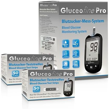 Starter Set XL Gluceofine® Pro Blutzuckermessgerät (mg/dL) + 110 Blutzuckerteststreifen, 10 Lanzetten, 1 Stechhilfe, 1 Etui, zur Blutzucker-Selbstkontrolle bei Diabetes (2)