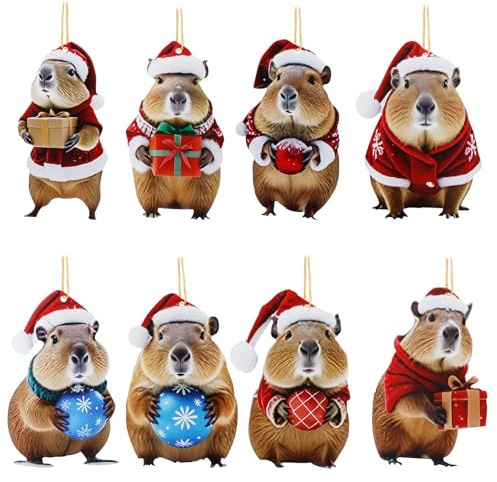 8er Set Flache Capybara Weihnachtsbaumschmuck 2D Acryl Christbaumschmuck Weihnachtsbaum Anhänger Deko Weihnachtsanhänger Weihnachtsdekorationen für Tannenbaum, Fenster, Türkranz