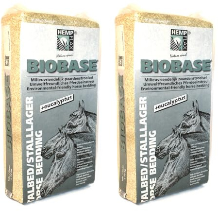 Hemparade BioBase Hanfeinstreu mit Eukalyptus für Pferde staubarm 2 x 14 kg | Für empfindliche Atemwege, bindet Feuchtigkeit, Gerüche und Ammoniak, nahezu staubfrei, klumpenfrei, antibakteriell