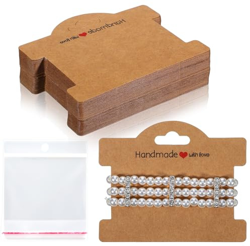 50 Stück Armband-Display-Karten mit Transparenten Beuteln,Jewelry Display Cards with Bags Bracelet Holographic Display Cards Armbandverpackung für Business-Zubehör Hängende Schmuck Armbändern(Braun)