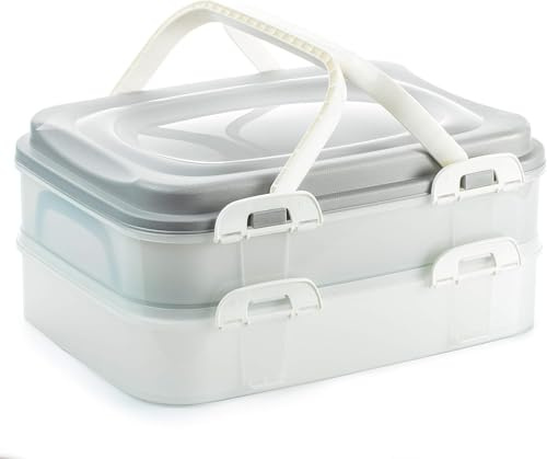 2friends Kuchen Transportbox & Muffinbehälter 2 Etagen, rechteckig, 40x30x18cm, Kunststoff Grau, stapelbarer Partycontainer mit Tragegriffen, Clickverschlüsse, abnehmbarer Einsatz, Made in EU